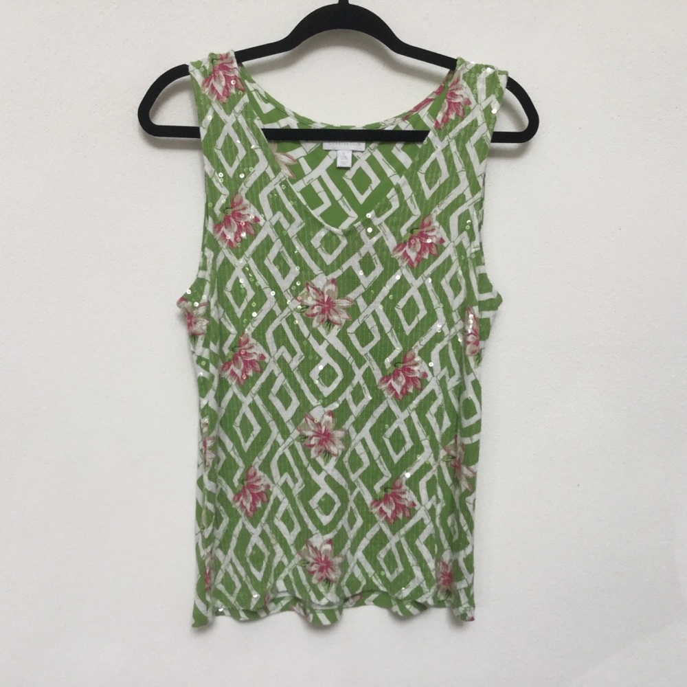 Charter Club Green Sequined Tank Top with White Design and Pink Florals Size L